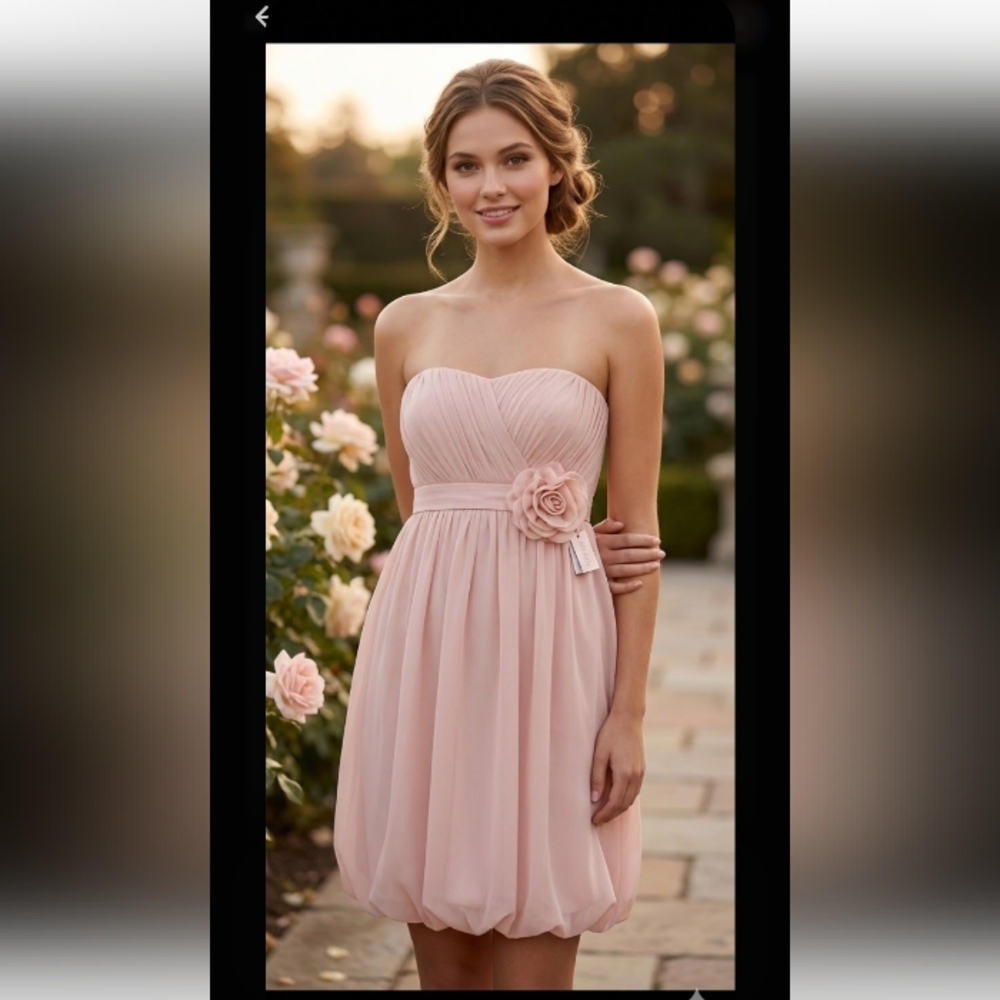 Donna Morgan 100% SIlk Strapless Rose Pink Chiffon Cocktail Dress,+flower accent